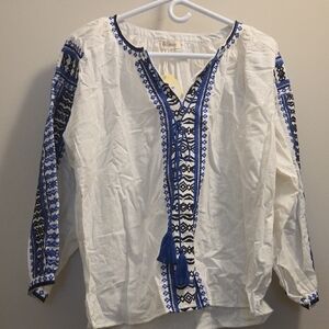 Velzera White Tunic Top with Blue Embroidered Trim (RW50)